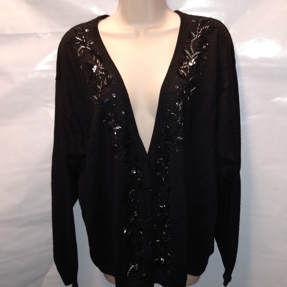 Stefano Basics Cardigan Sweater, 18/20, Black Sequin, Open front V-Neck, pre-own